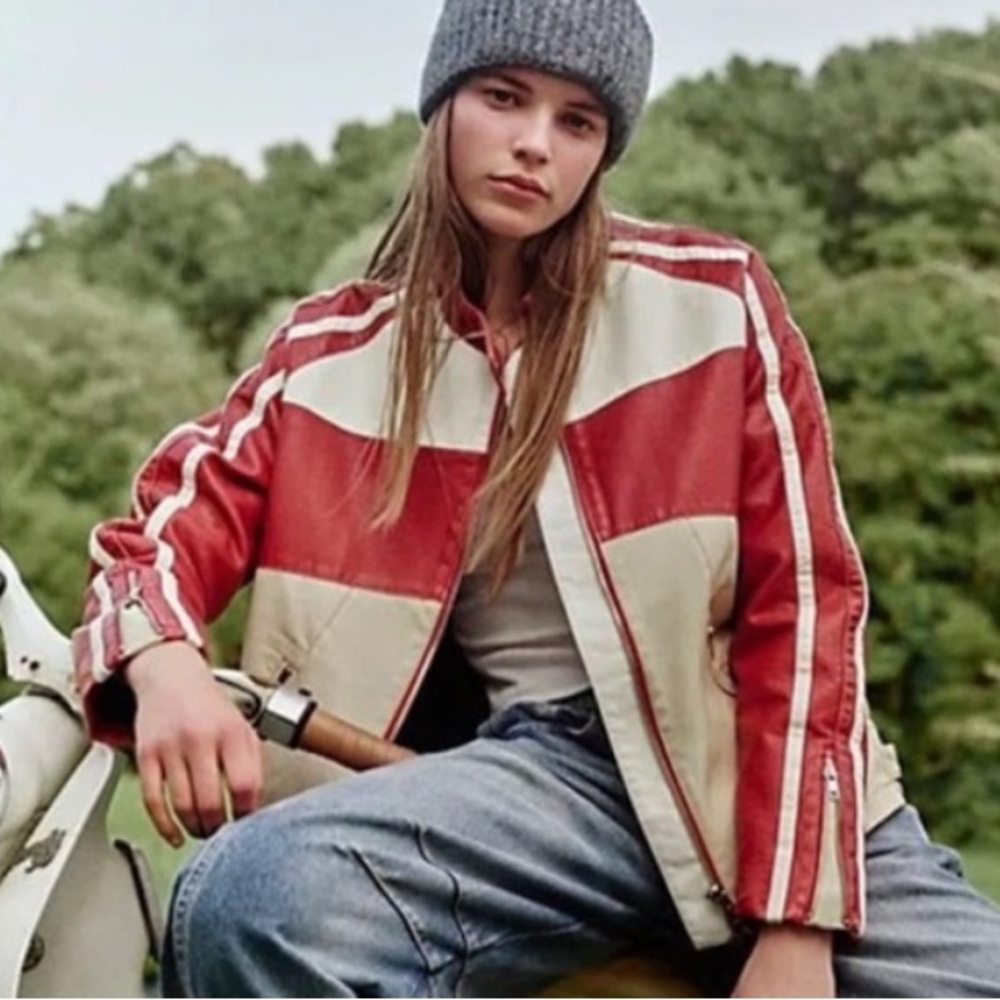 NEW Free People Vegan Leather Retro Jacket Red and Cream Color Block XL